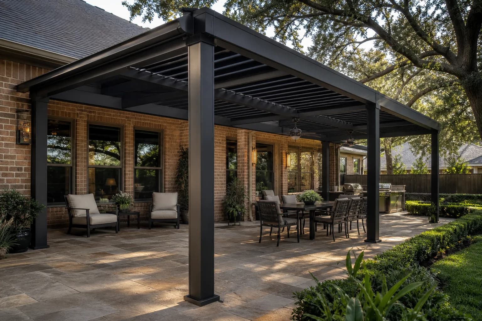Custom metal pergola over a Houston backyard patio