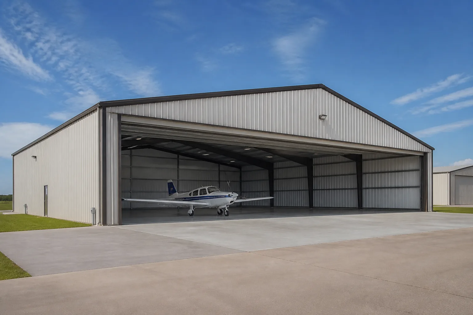 Custom steel aircraft hangar at a Houston-area airfield