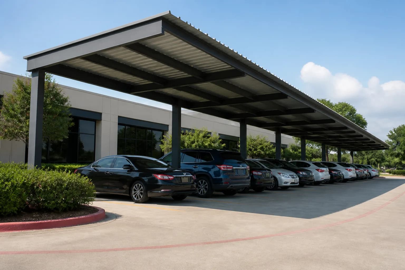 Commercial cantilever metal carport covering a parking aisle