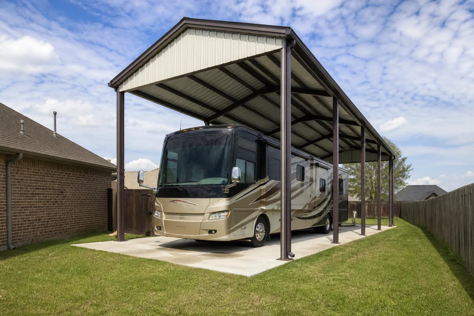 Tall metal RV cover sheltering a motorhome in a Houston driveway